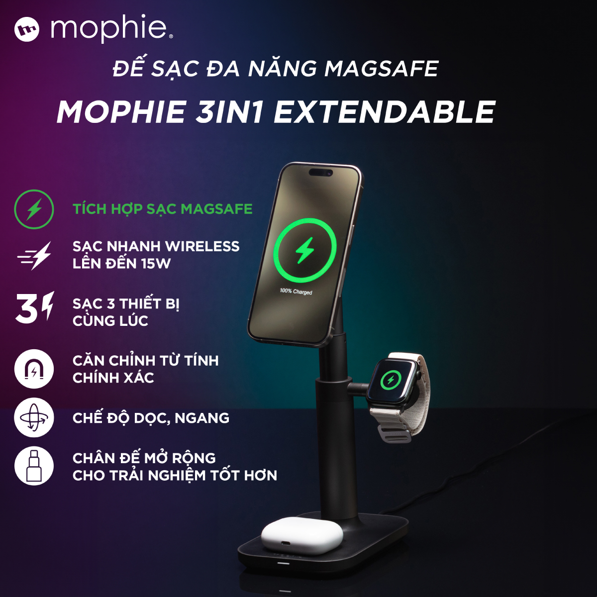 Đế sạc đa năng Mophie 3in1 extendable, sạc nhanh 3 thiết bị, BH 2 năm 1 đổi 1 - Hàng chính hãng