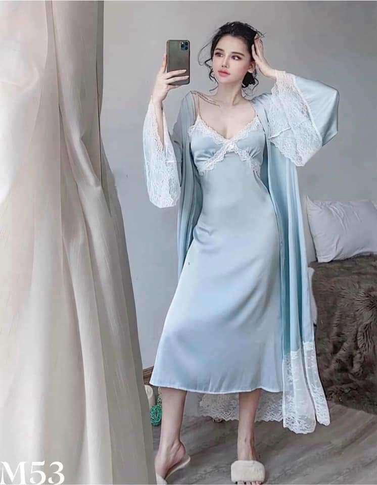 [Hantu Sleepwear]-Set áo choàng + váy ngủ lụa dáng dài qua gối mặc nhà sang trọng ,sexy-Màu xanh xám kèm đai áo choàng