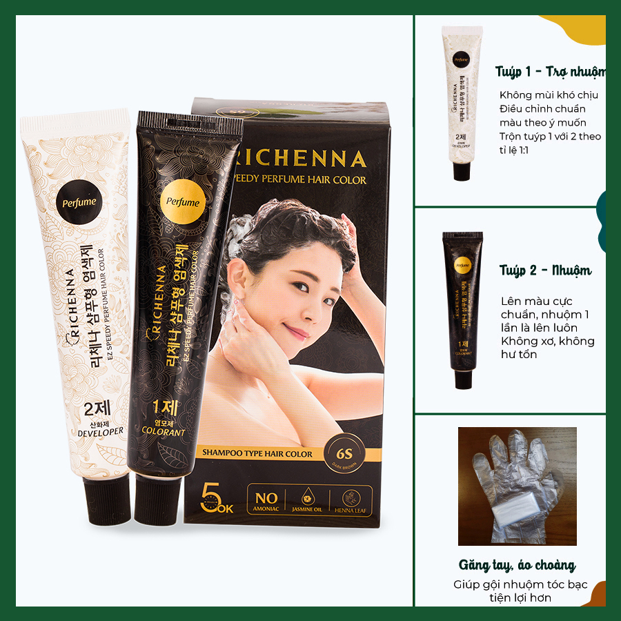 COMBO 3 hộp Gội nhuộm phủ bạc thảo dược Richenna EZ Speedy Perfume Hair Color hương nước hoa màu nâu đen 60G