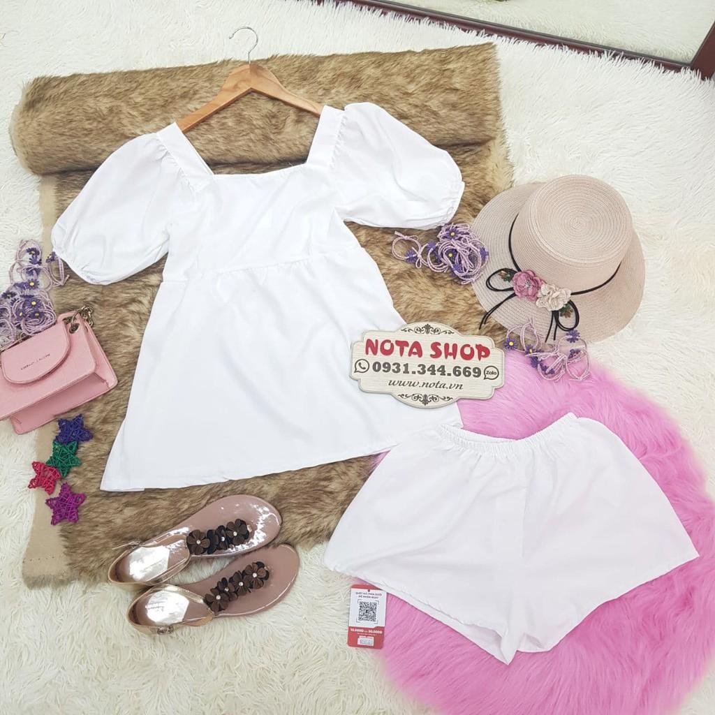 Set bộ đùi ngắn phối áo babydoll cổ vuông tay phồng xinh xắn tươi trẻ, SET ĐÙI CỔ VUÔNG