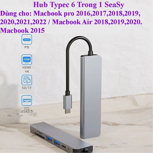 Hub chuyển đổi USB TypeC 6 trong 1 SEASY SS26, Cổng chuyển đổi HUB USB TypeC to HDMI, 1 cổng HDMI 4k UHD , 3 cổng USB 3.0, 2 khe đọc thẻ nhớ SD và TF, Kết nối nhiều thiết bị với tốc độ cao, Dùng cho Điện thoại/Laptop/PC/Macbook – Hàng chính hãng