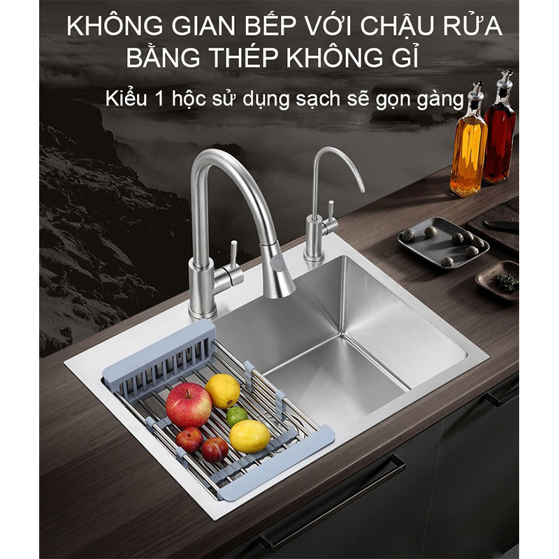 Chậu rửa bát inox 304 đơn 1 hố đúc Pimisi kích thước 6045-4540 cm đầy đủ xi phông loại to và kèm rổ đựng đồ dùng để rửa chén bát gắn được cả âm bàn đá | Hàng chính hãng