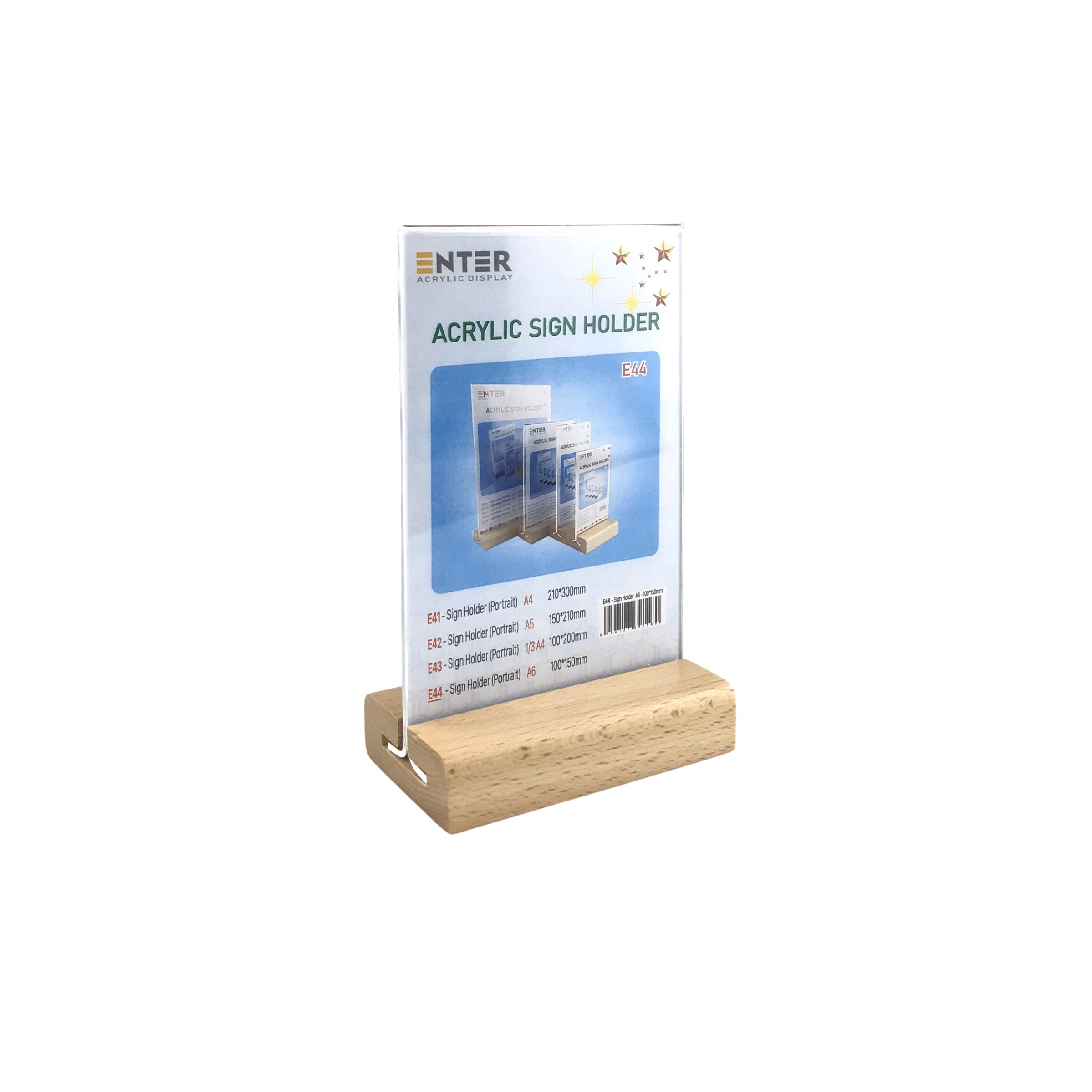 Kệ mica 2 mặt Enter E44 100x150mm đế gỗ A6 đứng, Kệ menu nhà hàng, Standee mica để bàn, Bảng quét mã QR Code