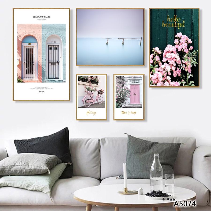 Bộ tranh khung canvas treo tường ngôi nhà hoa hồng