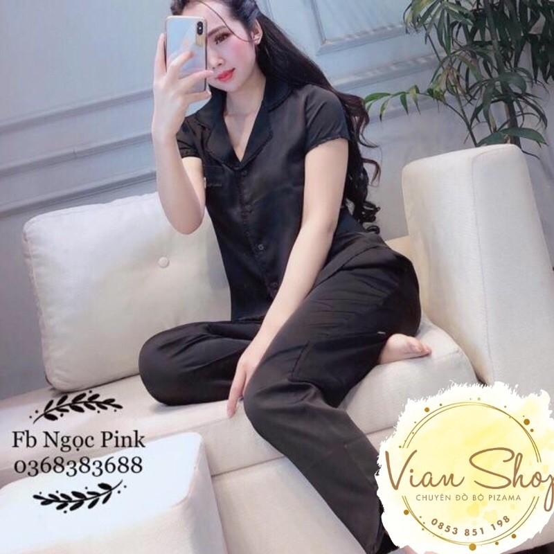 Bộ đồ pijama lụa, bộ lụa cộc tay quần dài viền bèo nơ túi xinh xắn