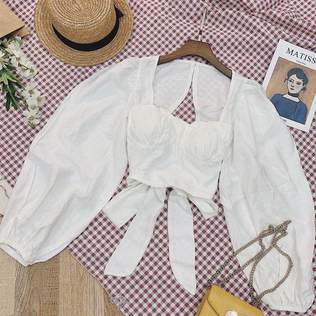 Áo trắng croptop tay bồng nơ lưng