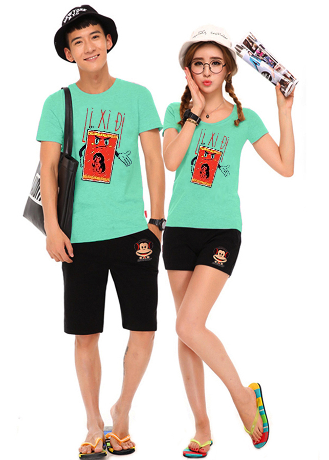 Bộ Áo Thun Đôi Nam Nữ Lì Xì Đi Màu Xanh Ngọc