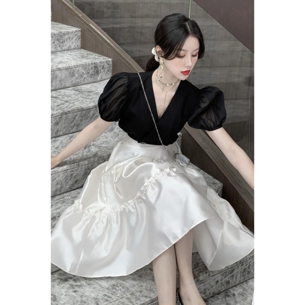 Set đồ dự tiệc , du lịch áo tay phồng + chân váy xoè ẢNH THẬT CUỐI tông Trắng Đen J0253 HÀNG QUẢNG CHÂU J0253