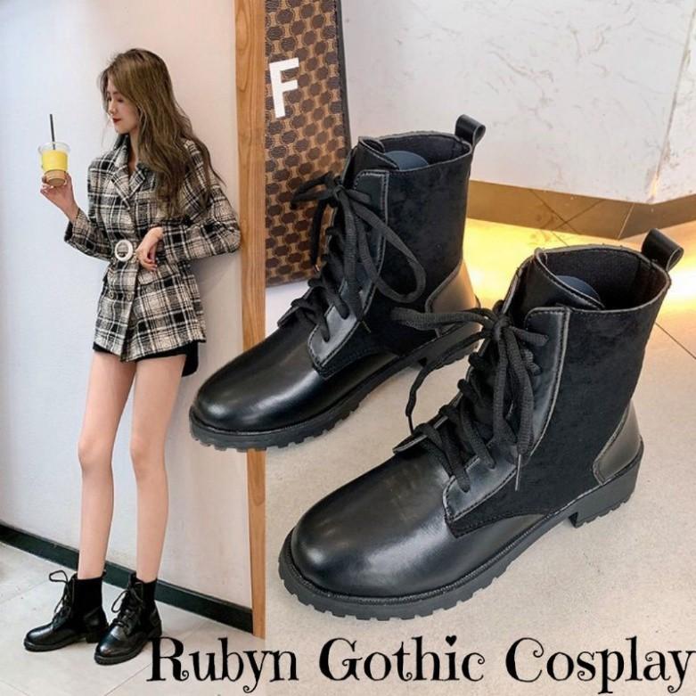 Giày Boots Cổ Cao Da PU phối da lộn cá tính