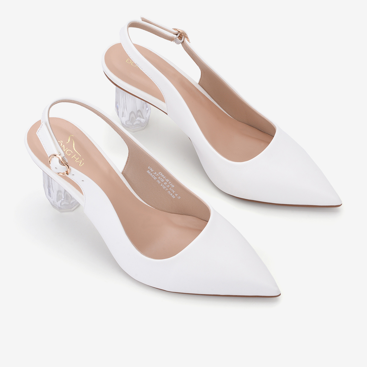 Giày cao gót nữ Đông Hải thiết kế Slingback mũi nhọn sành điệu đính gót kim cương cao 7cm - G81I8