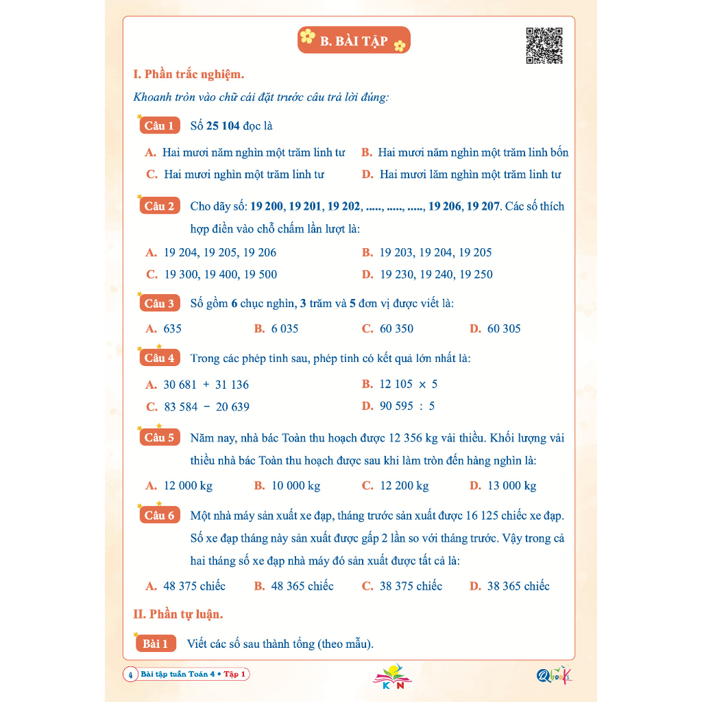 Sách - Bài Tập Tuần Toán 4 - Tập 1 - Có mã QR Video bài giảng