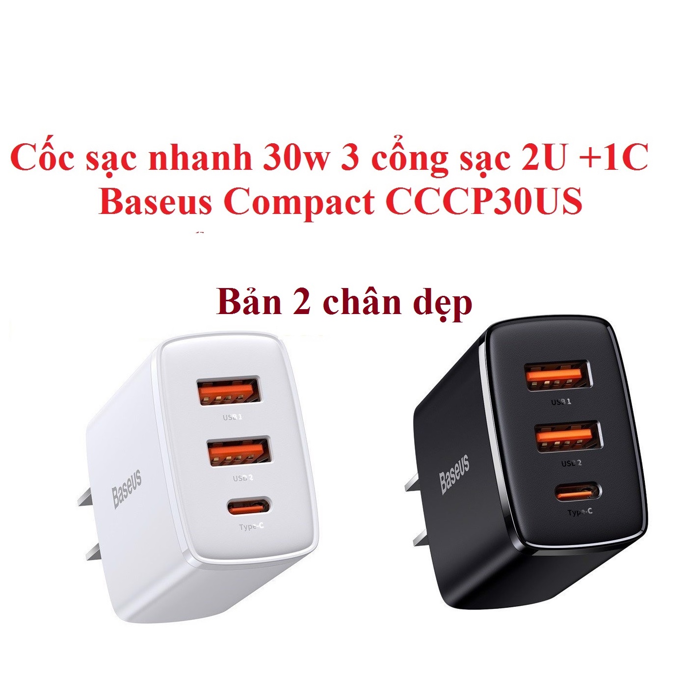 Cốc sạc 30W 3 cổng sạc(2U +1C) 2 chân cắm dẹp Baseus Compact CCCP30US - Hàng chính hãng