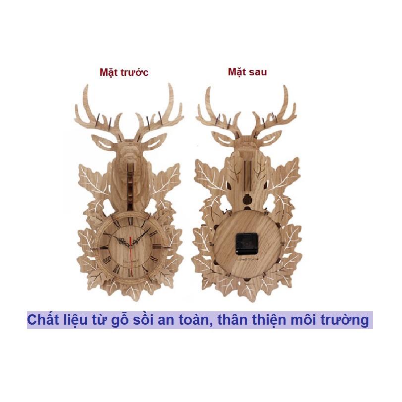 Mô hình lắp ráp 3D đồng hồ đầu hươu bằng gỗ chạy pin treo tường trang trí Đồng hồ treo tường