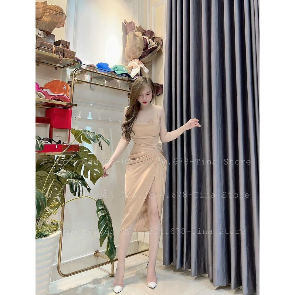 TSL đầm đen dự tiệc ôm body 2 dây xẻ tà có mút tôn dáng sexy gợi cảm