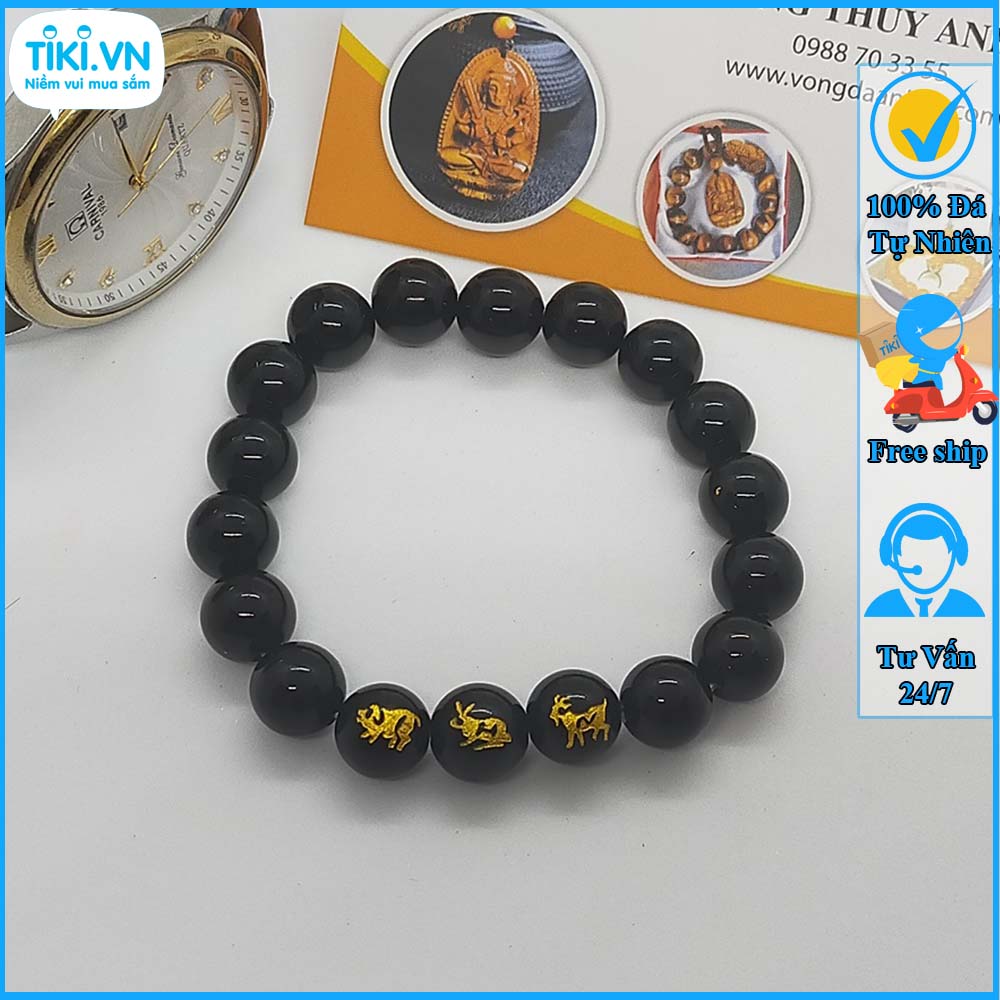 Vòng tay mã não đen tam hợp hợi mão mùi - size 8 10 12ly cho người mệnh thổ, mệnh mộc - có khai quang điểm nhãn may mắn tài lộc - bảo hành 12 tháng - PHONG THỦY ANH VŨ