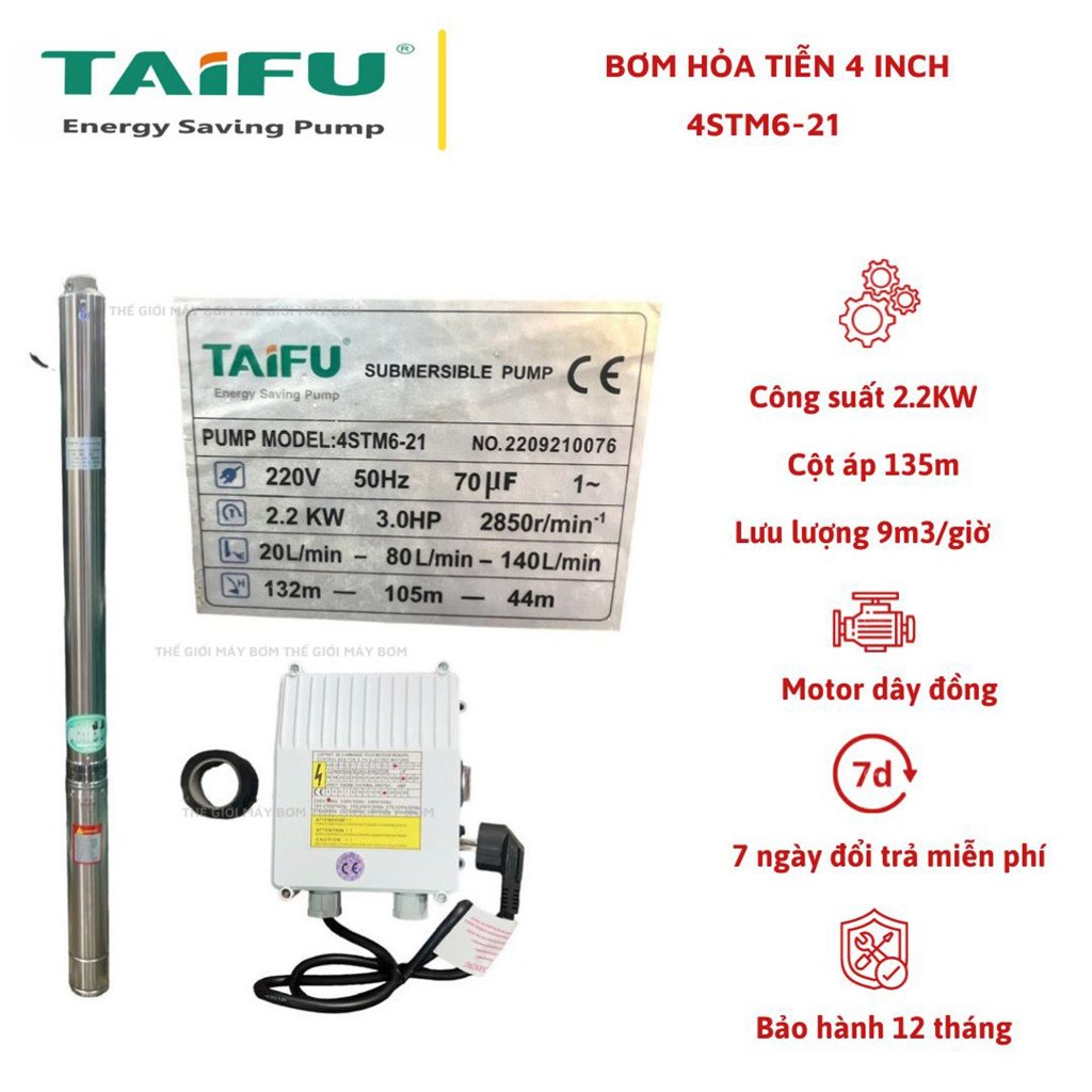 Bơm hỏa tiễn 2.2Kw (3HP) (4&quot; Ø90 thả ống 110) thân inox 304 có hộp tụ đi kèm TAIFU - Bảo hành 1 năm