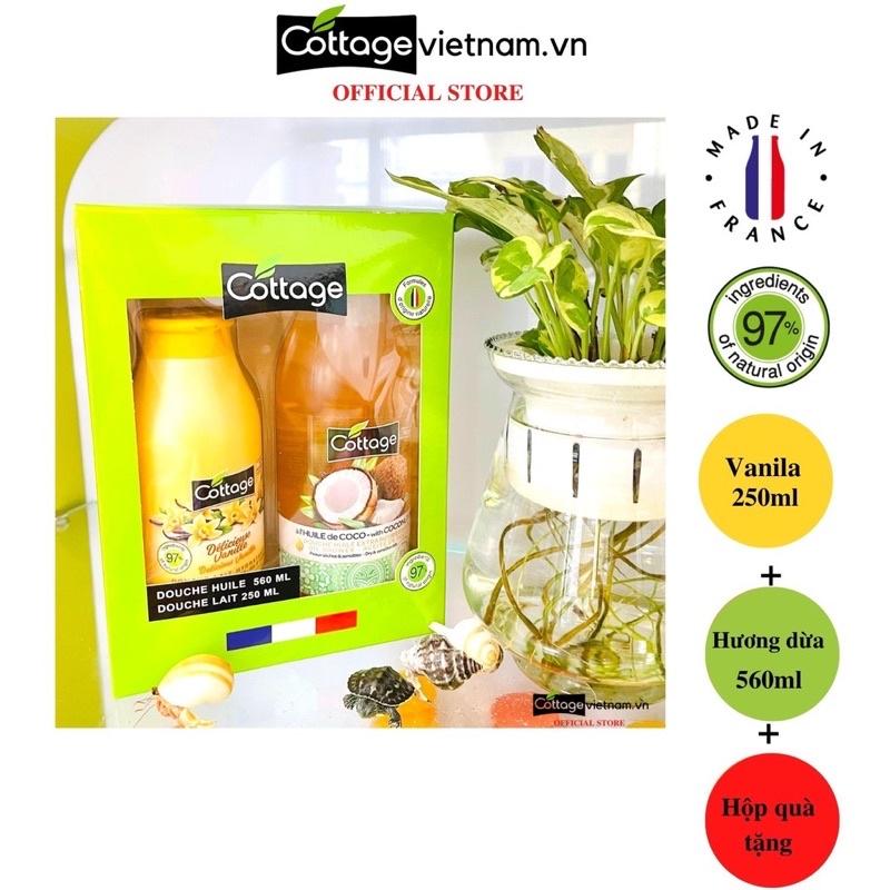 Combo Hộp Quà Tặng 2 Món sữa tắm Dưỡng ẩm Cottage 250ml Hương Caramel và 560ml Hương dừa