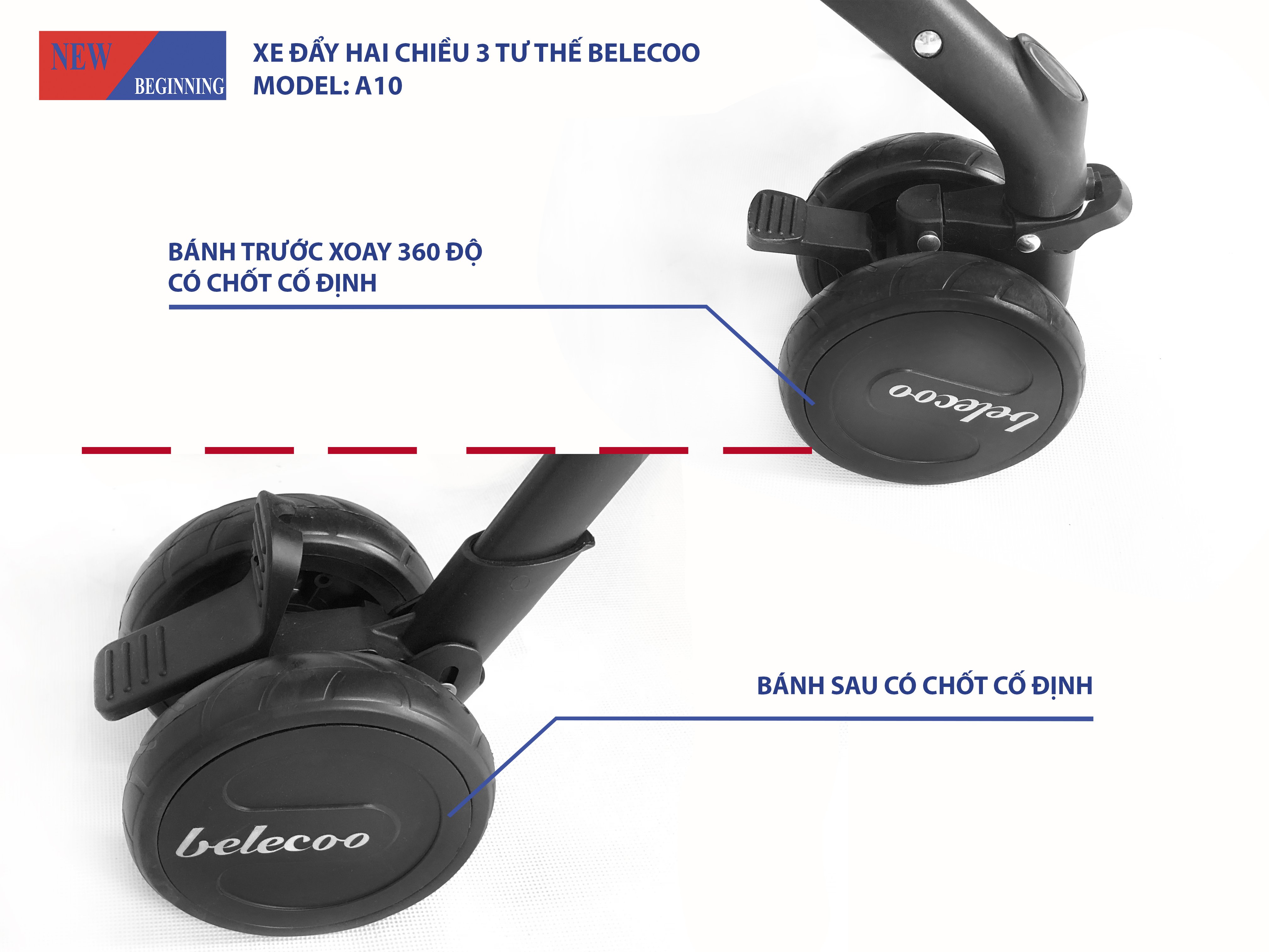 Xe đẩy 2 chiều 3 tư thế nằm, xe đẩy gấp gọn, thoáng khí - A10 - Belecoo