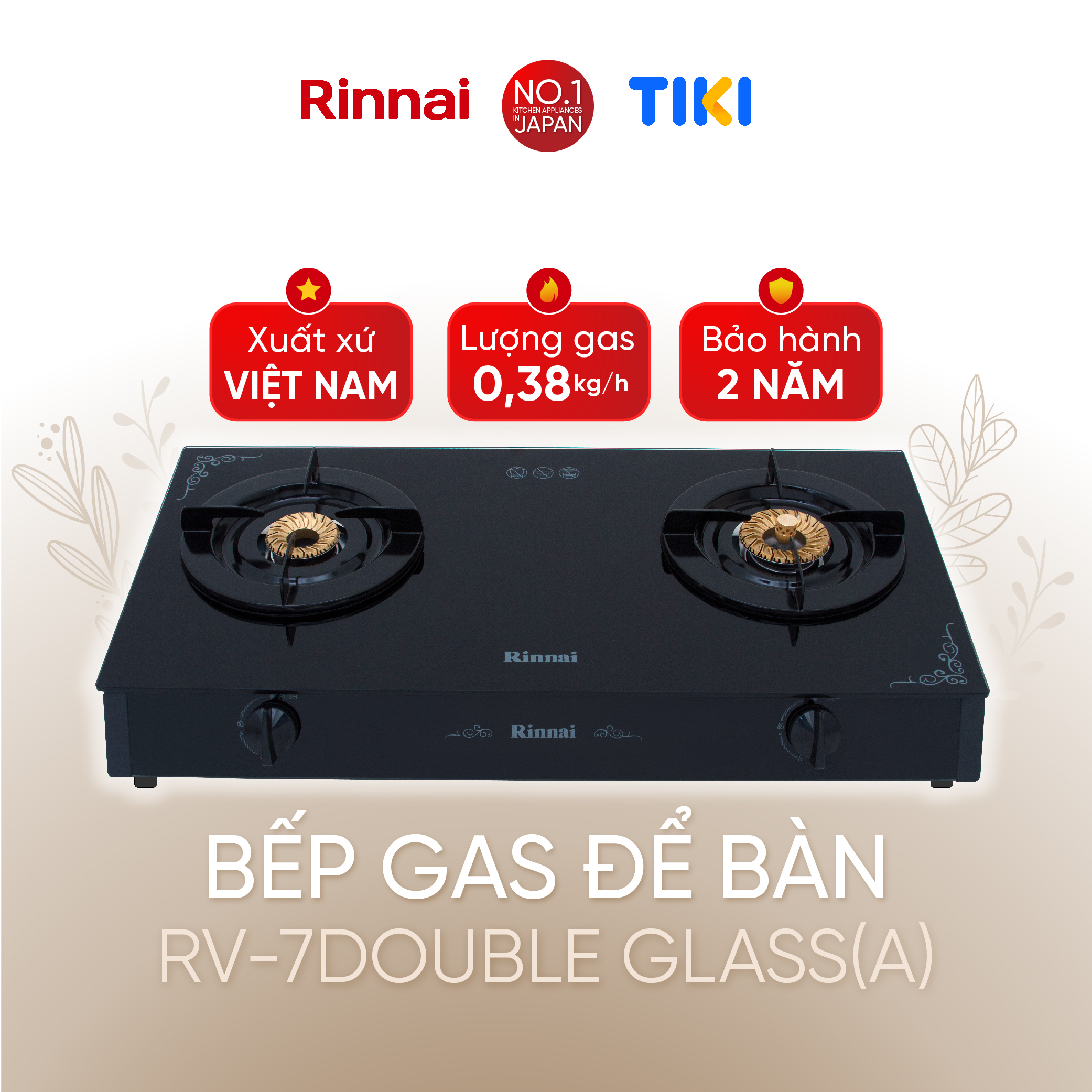 Bếp gas dương Rinnai RV-7Double Glass(A) mặt bếp kính và kiềng bếp men - Hàng chính hãng.