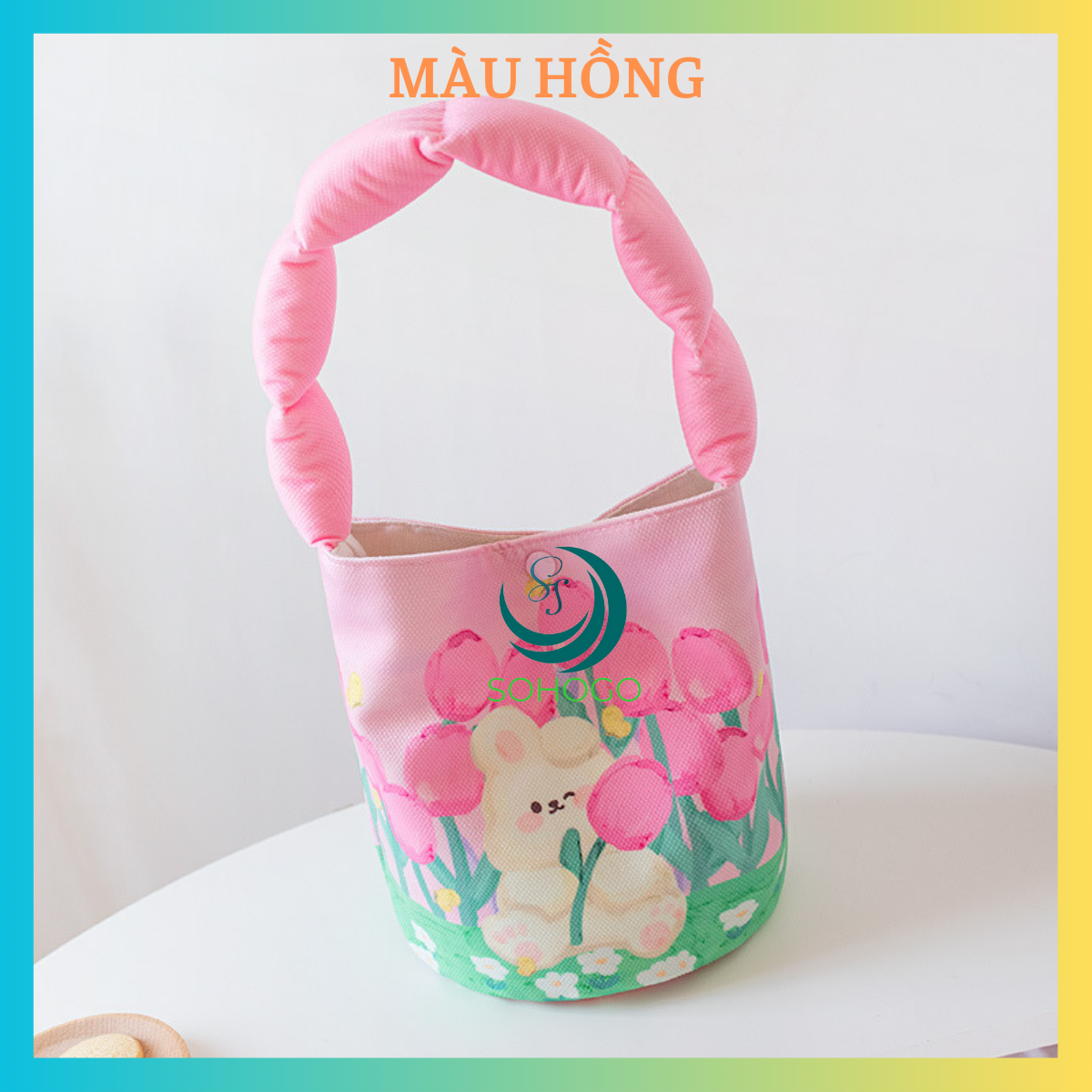 -Túi tote bag vải canvas nữ họa tiết thỏ hồng-phong cách Hàn Quốc