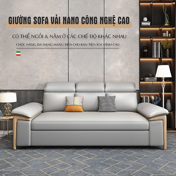 Giường Sofa Vải Sợi Nano Cao Cấp - Ghế Sofa Giường Đa Năng Có Ngăn Chứa Đồ, Khung Thép Chống Gỉ : KT 1M60 X 1M95