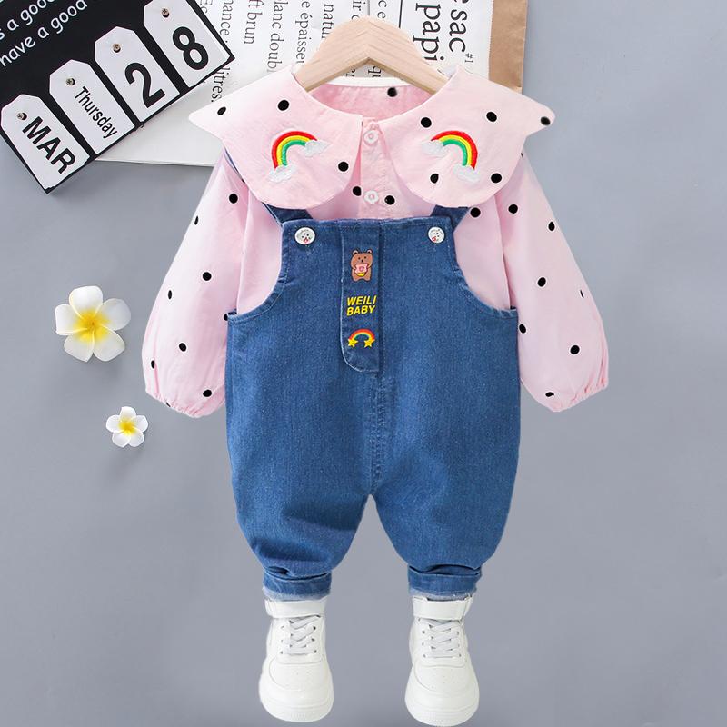 Quần Áo Bé Gái Mùa Thu Denim Áo Liền Quần Bộ Bé Gái Chấm Bi Phối Ren Quần Áo Bé Gái Denim Thời Trang Áo Liền Quần 2 Dây phù Hợp Với