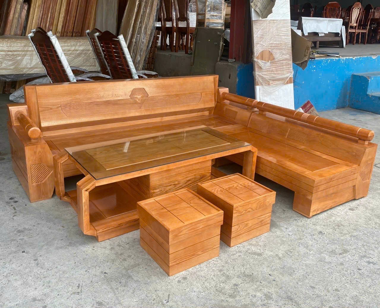 Bộ sofa sồi góc L kim cương dài 2m tay trơn thanh lịch -Bộ bàn phòng khách gía rẻ
