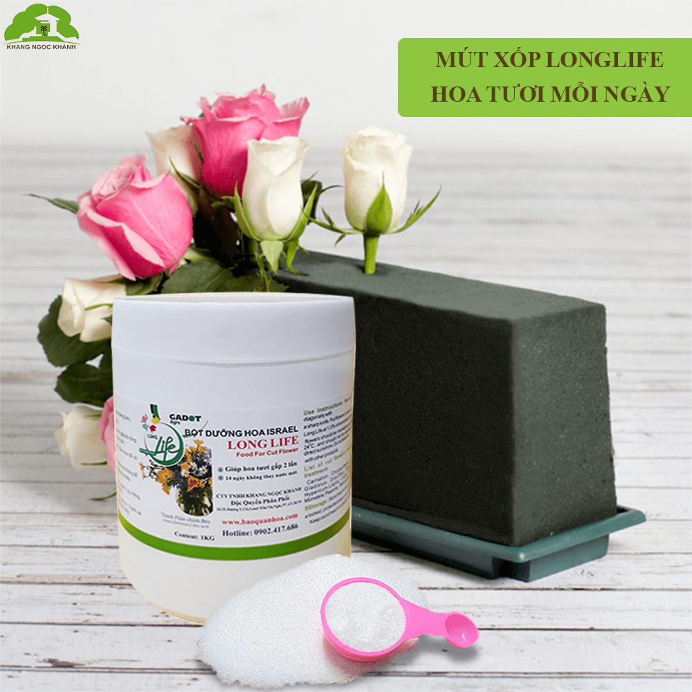 Thuốc Chăm Sóc Hoa tươi Cắm Xốp Lâu Tàn tại shop hoa Longlife SG của Israel giúp hoa tươi gấp 2 lần và hạn chế thay hoa định kỳ, hoa cắm lẵng tươi lâu