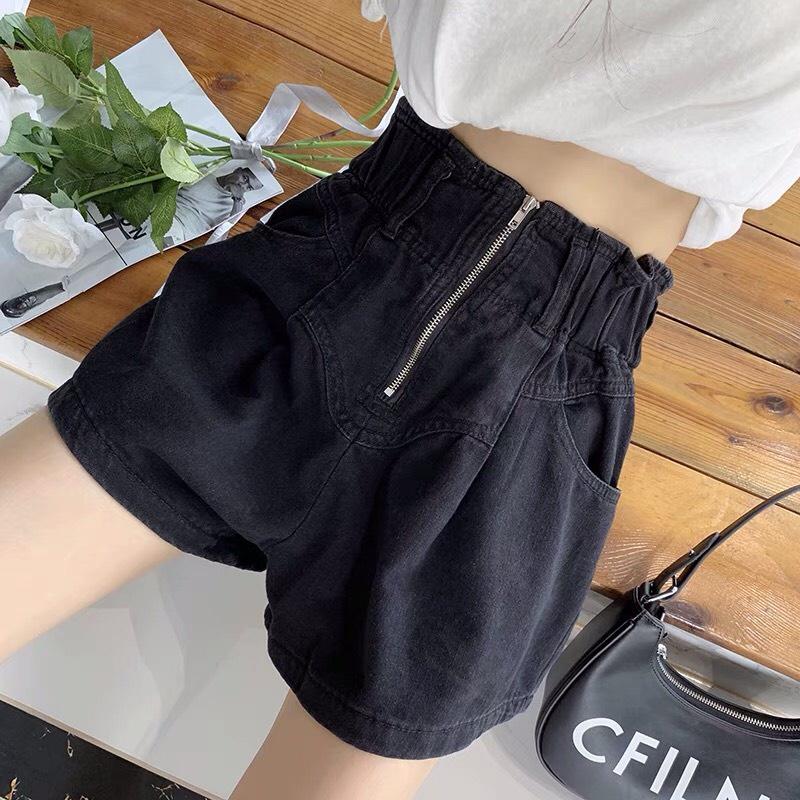 Quần Short Jean Nữ Ống Rộng Cạp Cao Phối Khóa Kéo