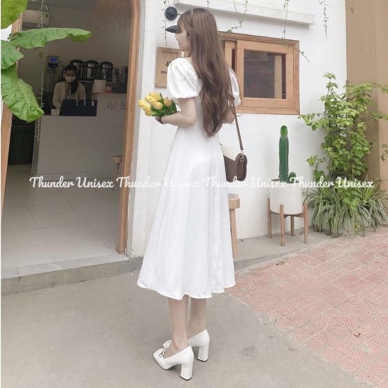 Váy Đầm Nữ Cổ Vuông Tay Trắng Đầm Dự Tiệc Dáng Dài Tay Bồng Xinh Xắn Ảnh Thật Phong Cách Ulzzang Hàn Quốc ThunderUniesx