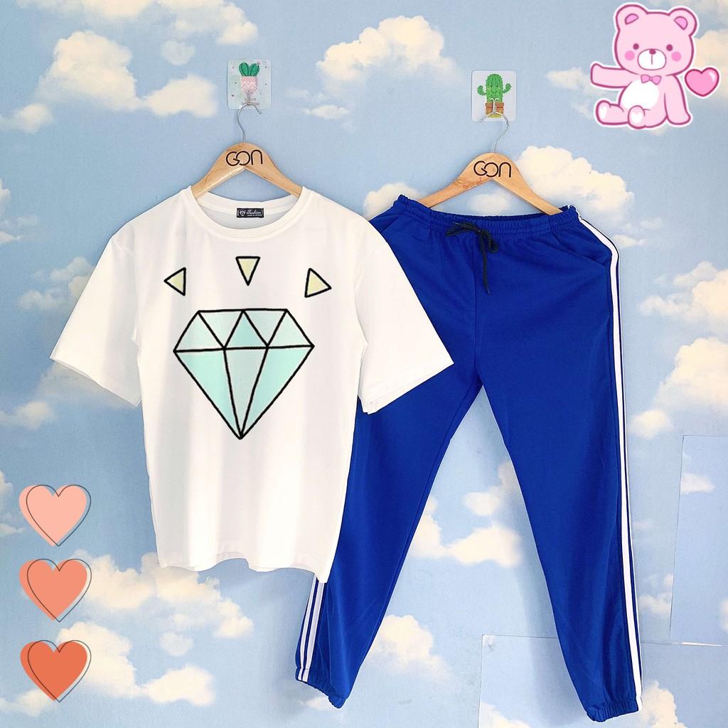 Set áo tay lửng quần thun 2 sọc XANH unisex, quần dài 2 sọc, 3 sọc Áo tay lỡ và quần thể thao