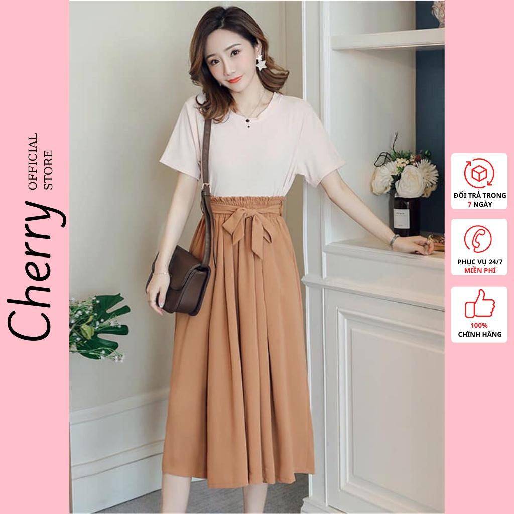 Quần ống rộng giả váy kết hợp áo phông cotton chất xịn CHERRY Chân quần ống rộng thoát eo đẹp V019