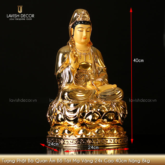 Tượng Phật Bà Quan Âm bằng đồng mạ vàng 24k cao 40cm nặng 8kg