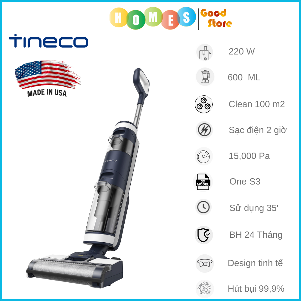 Máy Hút Bụi Lau Sàn Khô Uớt Tự Giặt Giẻ TINECO Floor One S3 Thương Hiệu Mỹ Lực Hút 12,000 Pa, Có Kết Nối App Theo Dõi, Công Suất 220 W - Hàng Chính Hãng - Bảo Hành 24 Tháng
