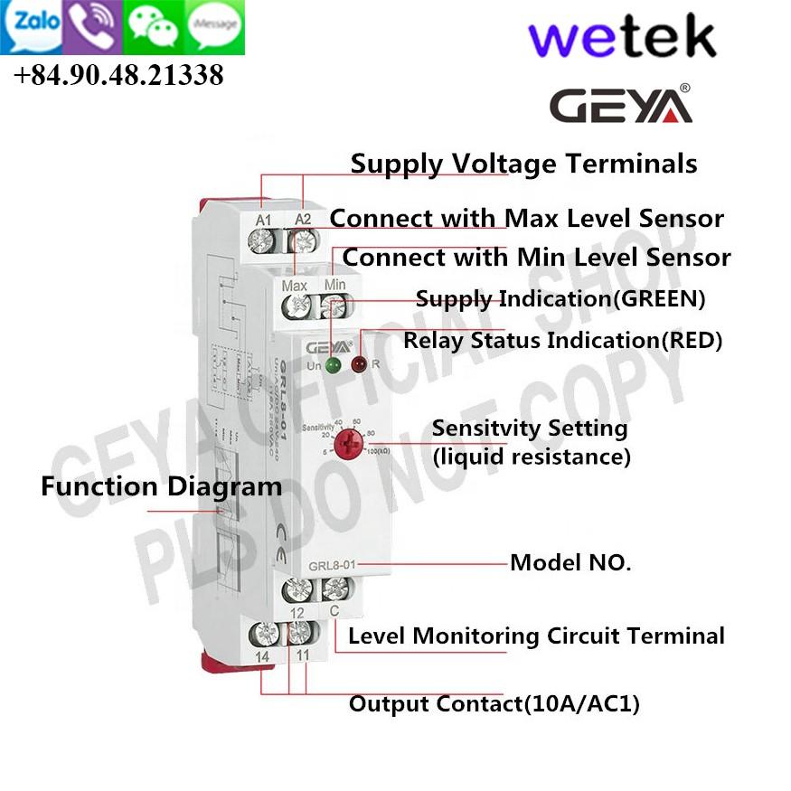 Wetek | Geya GRL8-01 Relay mức nước 3 que, floatless, có chỉnh mức điện trở, 18mm, DIN