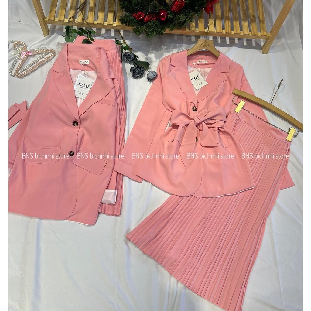 SET ÁO BLAZER & CHÂN VÁY DẬP LY - Notched Collar Belted Blazer & High Waist Pleated Skirt - BY BNS RÓPIN SET BNS001