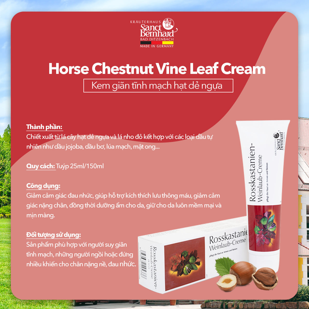 Kem bôi suy giãn tĩnh mạch Rosskastanien hạt dẻ ngựa giảm đau, tuần hoàn máu (tuýp 150ml)