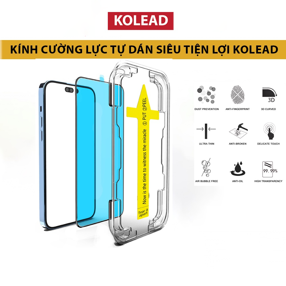 Kính cường lực iPh khung tự dán, độ cứng 9H dán full màn hình Hàng Chính Hãng KOLEAD chống xước không cấn, chống bụi