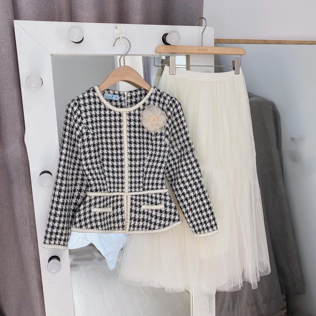 Áo dạ tweed trắng đen peplum công sở hàn quốc sang chảnh tay dài zíc zắc cao cấp