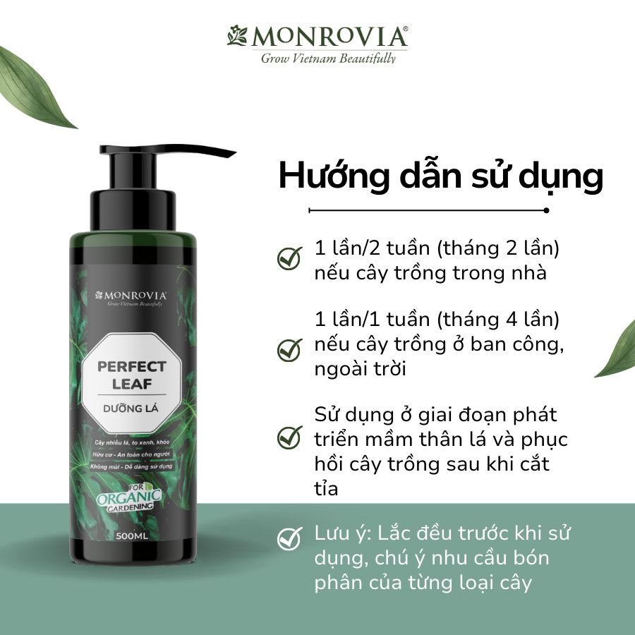 Phân bón hữu cơ DƯỠNG LÁ MONROVIA pha sẵn giúp lá xanh mướt, tươi tốt dành cho cây cảnh dung tích 500ml