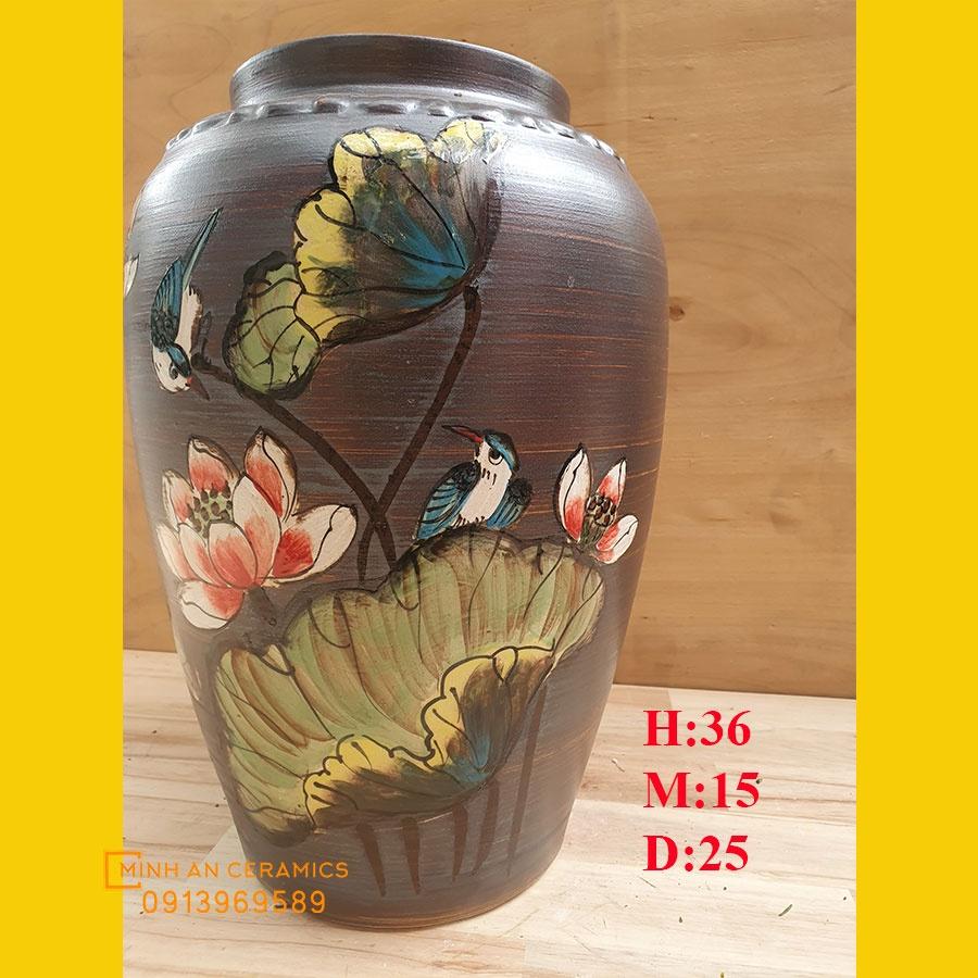 Bình hoa men mộc vẽ sen hồng chim sẻ gốm Minh An Bát Tràng, cao 36cm, miệng 15, đường kính 25cm