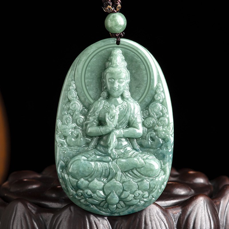 Dây chuyền Phật Quan Âm Bồ Tát bằng đ.á tự nhiên màu xanh hạt đậu D400