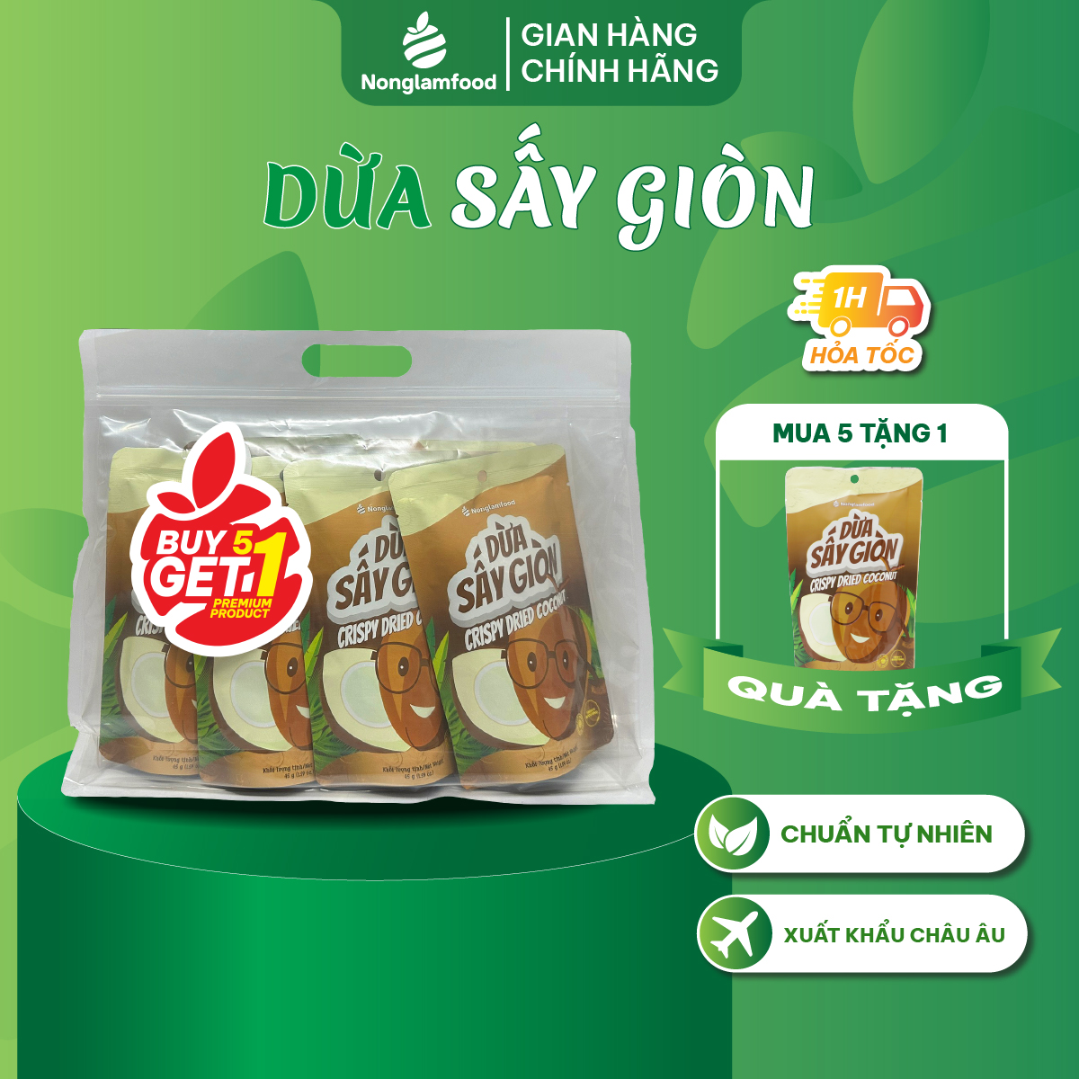 [Mua 5 tặng 1] Combo 5 túi Dừa sấy giòn Nonglamfood 45g | Hỗ trợ ăn kiêng, giảm cân, đẹp da