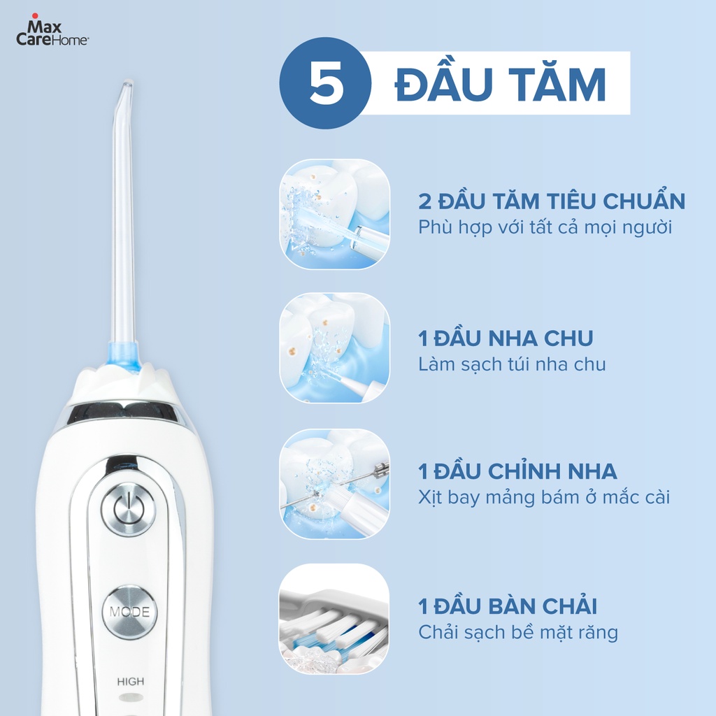 Máy tăm nước cầm tay vệ sinh răng miệng từ Nhật Bản chính hãng Maxcare Max456SE - khoang nước nhỏ gọn 240ml với túi chống sốc đi kèm, dễ mang mang đi, pin sạc dùng trong nửa tháng