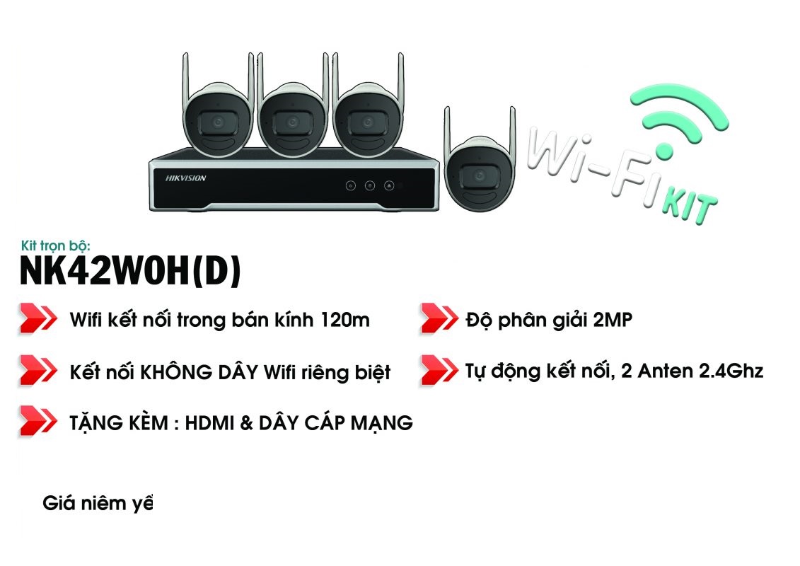 Bộ Kit Camera Wifi HIKVISION NK42W0H(D) (4 CAMERA + 1 Đầu ghi ) - Hàng chính hãng