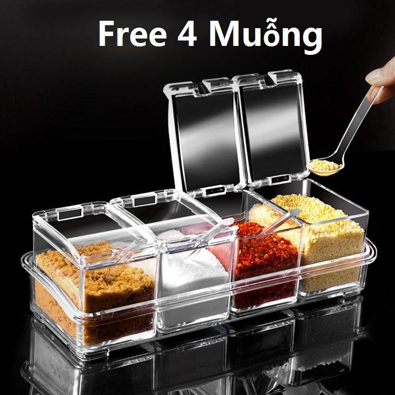 【Free 4 Muỗng】Hộp Gia Vị 4 Ngăn Bằng Nhựa Có Nắp