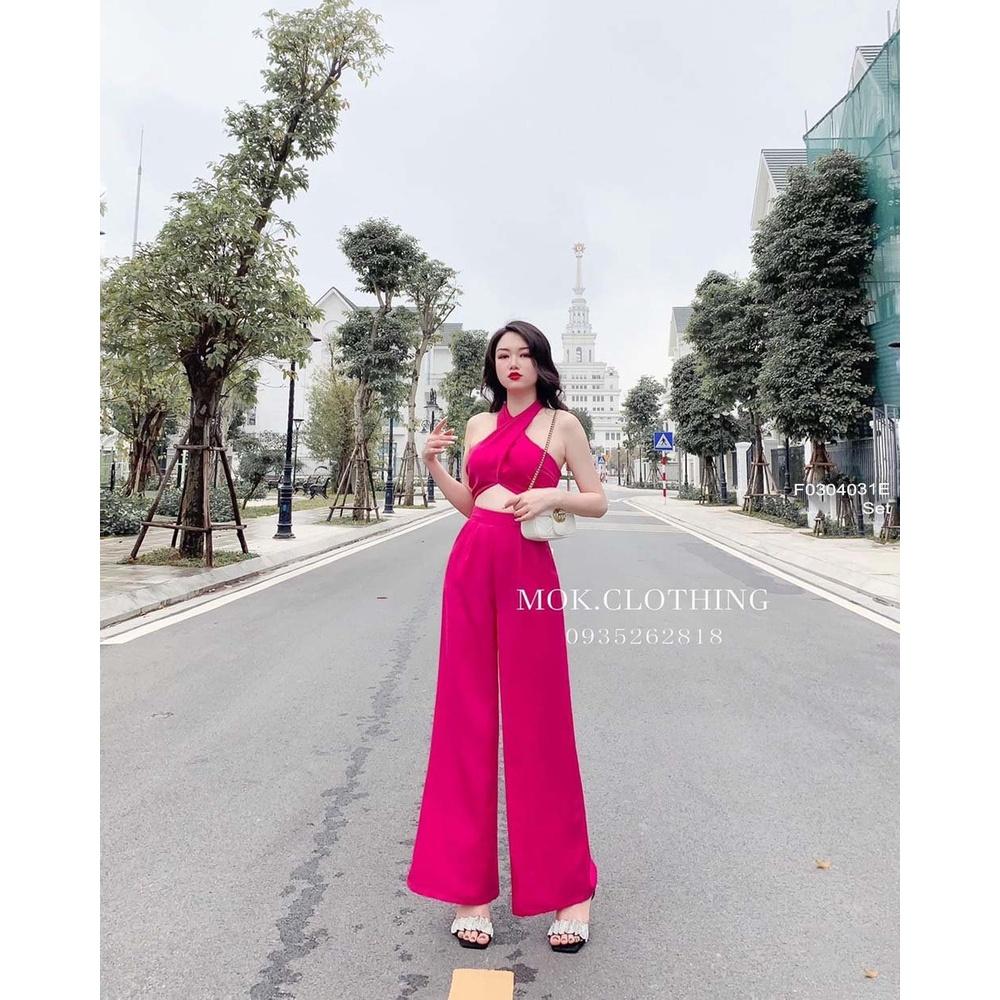 Set lụa áo croptop ngực đắp chéo cổ yếm phối quần suông