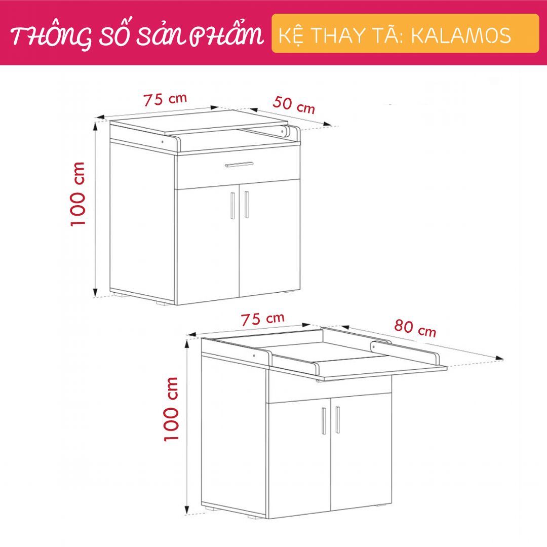 Kệ gỗ thay tã cho bé SMLIFE Kalamos | Gỗ MDF dày 17mm chống ẩm | D75xR80xC100cm