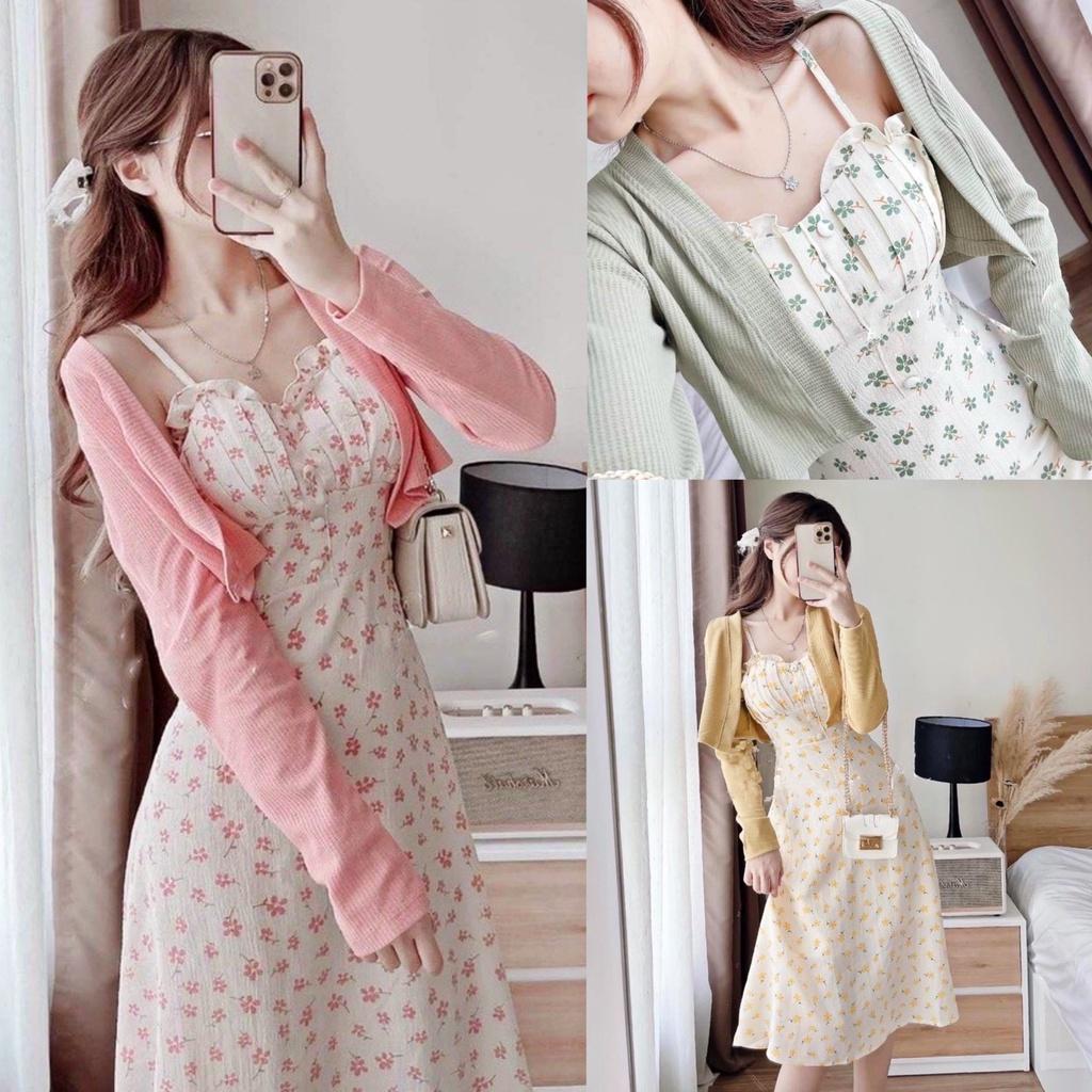 Set Váy Hoa 2 Dây Kèm Áo Khoác Cardigan Len Xốp Hot Hit