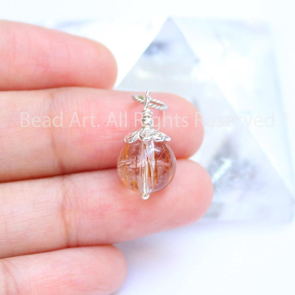 Mặt Dây Chuyền Thạch Anh Tóc Nâu 9mm Loại AA Và Bạc 925, Trang Sức Đá Phong Thuỷ, Thổ, Kim - Bead Art